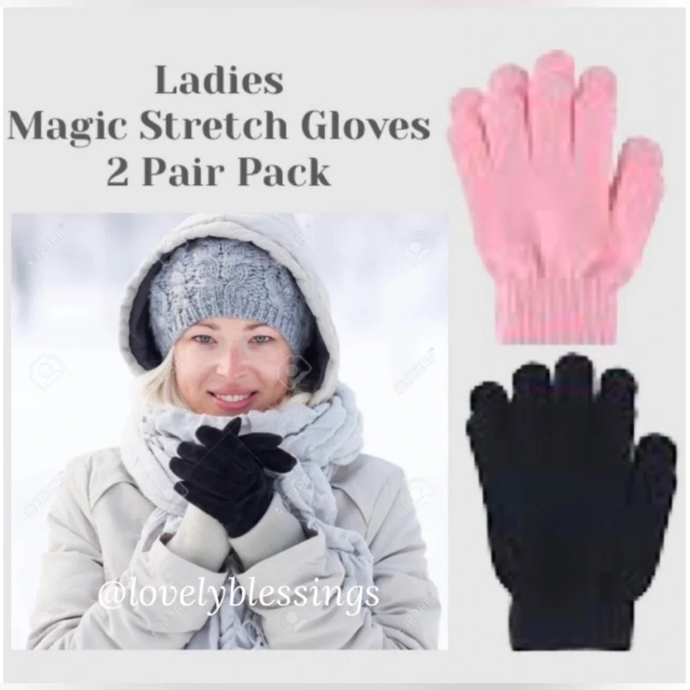 Warm Knit Stretch Gloves Winter Magic Gloves Black Pink 2 Pair Set Ladies Gloves